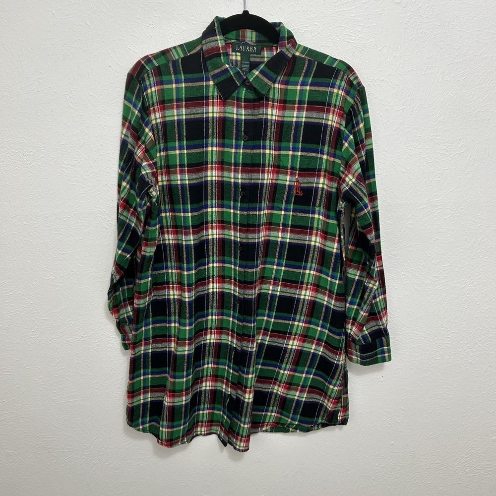 Lauren Ralph Lauren Green Black Plaid Flannel Sleep Shirt Boyfriend Nightgown L